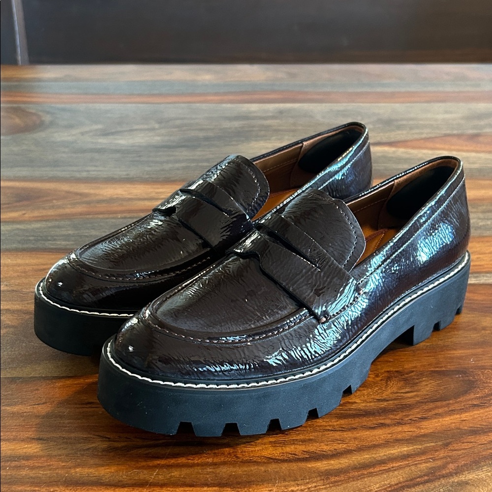 New Franco Sarto Balin Chocolate Patent Lug Sole Penny Loafer